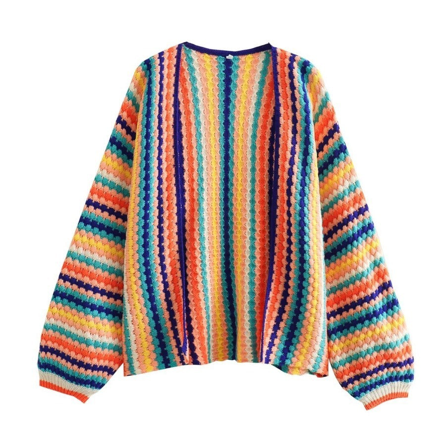 Otoño nuevo Rainbow Bar Cardigan manga larga amplia Songou Meibo suéter abrigo