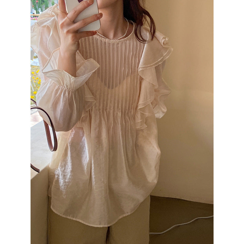 Elegant Flared Long Sleeve Loose Pleated Top