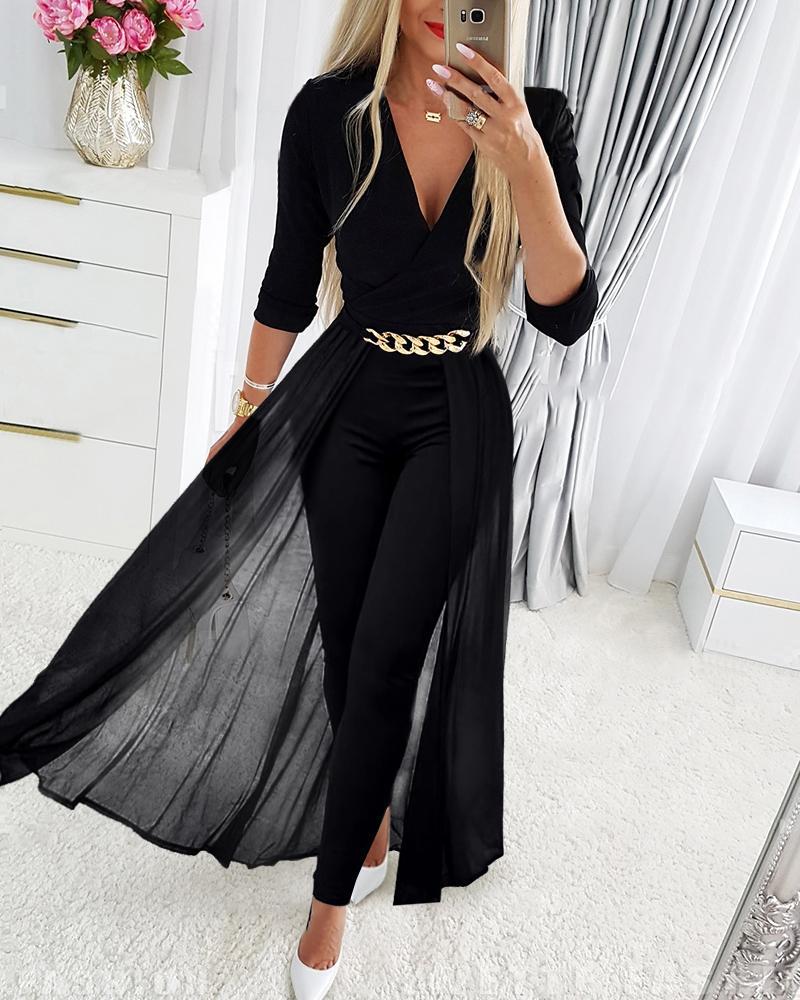 Black Mesh V-neck Patchwork Jumpsuit