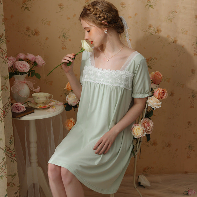 French Lace Cotton Thin Short Sleeve Nightdress