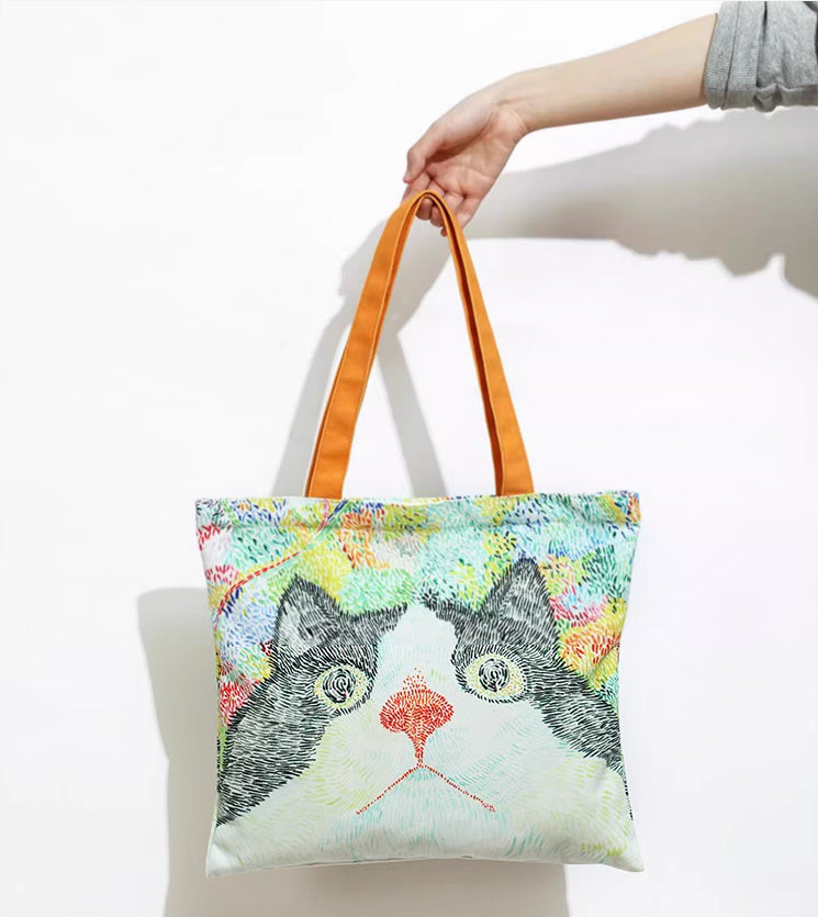 Bolso de hombro con ilustración de gato, bolso de lona de gran capacidad