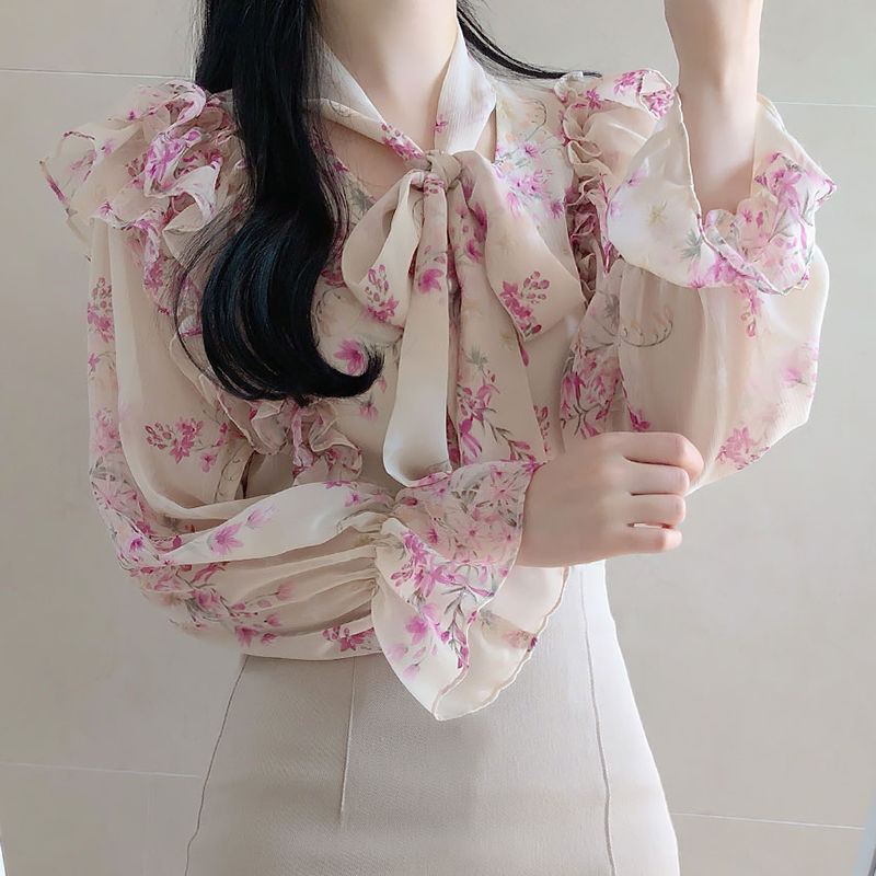 Floral Chiffon Shirt New Flare Sleeve Ruffle Top Women