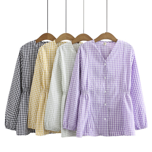 Women's Slim Small Plaid Cardigan Spring Fashion V-Neck Long Sleeve Shirt