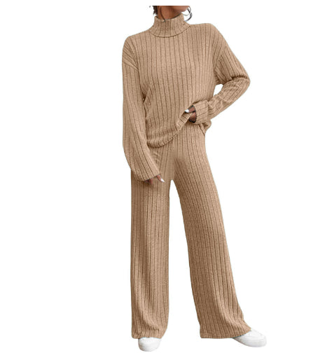 Autumn And Winter Leisure Turtleneck Knitting Long-sleeve Suit Women's Sweater Loose Trousers Two-piece Set