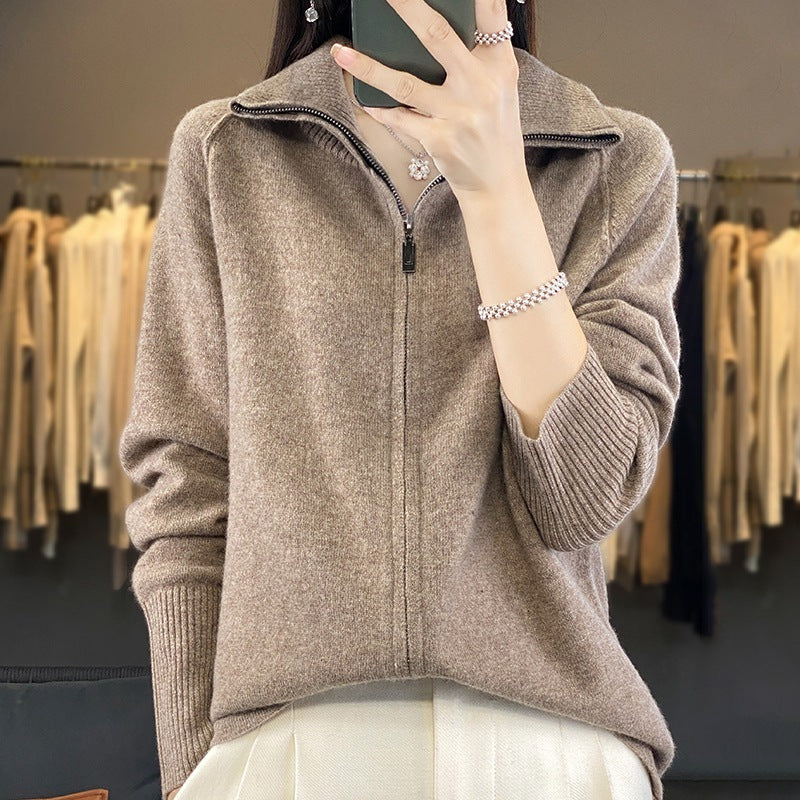 FallWinter New High Neck Wool Knit Cardigan Women