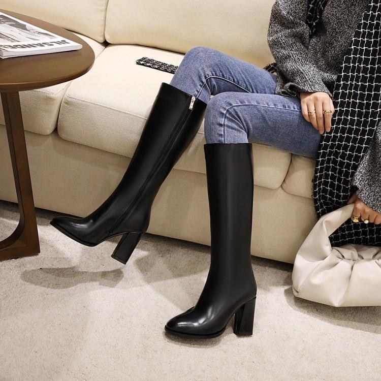 Super High Heel Square Head Solid Color Oily Leather Side Zipper High Top Long Boots