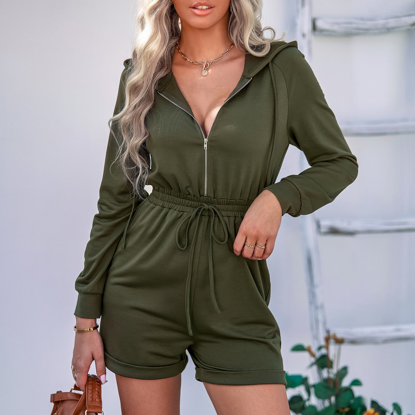 Women's Slim Fit Hooded Long-sleeve One-piece Shorts