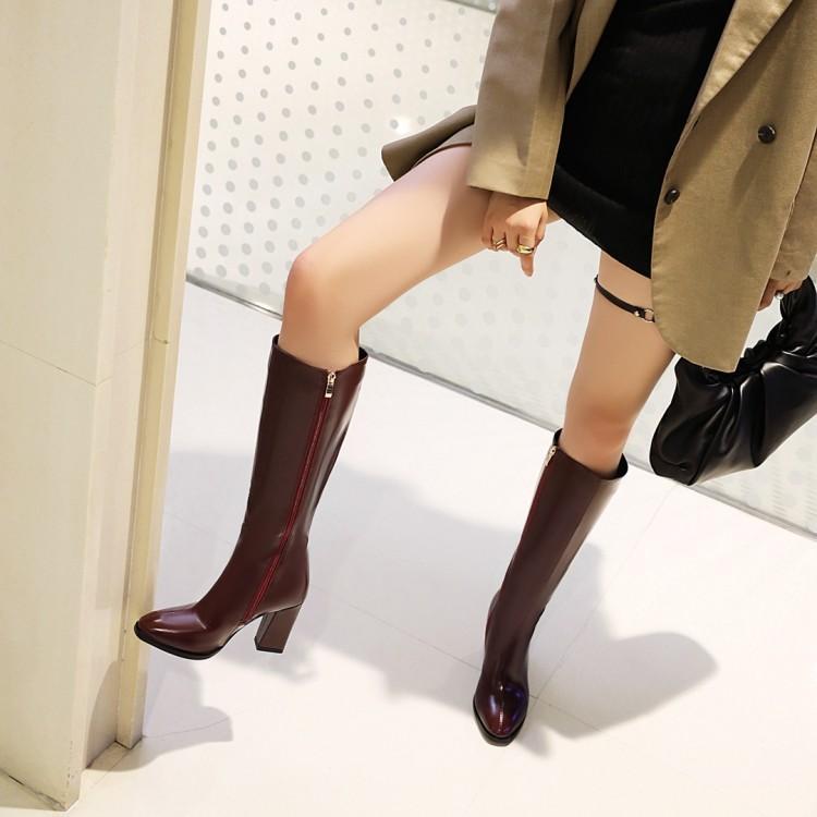 Super High Heel Square Head Solid Color Oily Leather Side Zipper High Top Long Boots