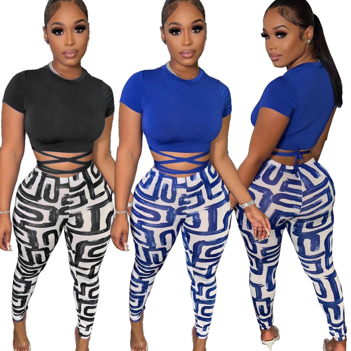 Fashion Printed Trousers Short Sleeve Two-piece Set