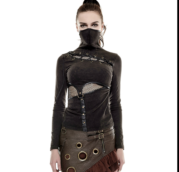 E steampunk STEAMPUNK net fight stand collar long-sleeved T-shirt two-color T432