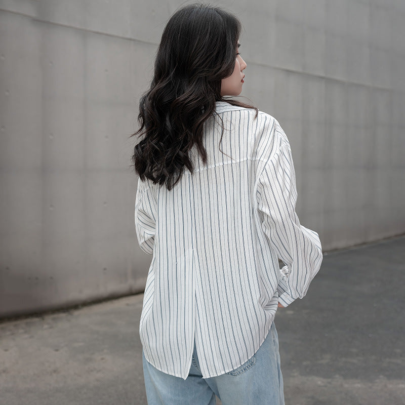 Striped Lazy Style Shirt Lapel Is Thin And Long Sleeves