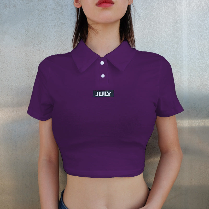 Women's POLO collar letter print tight short section navel T-shirt female