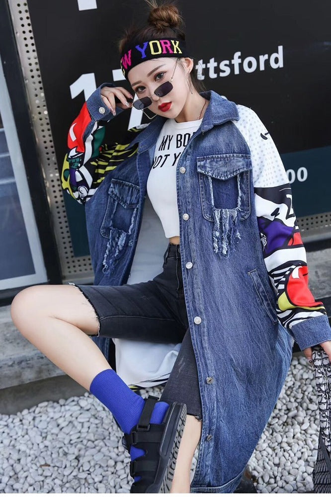 Graffiti Stitching Denim Long-sleeved Cardigan Long Coat Windbreaker