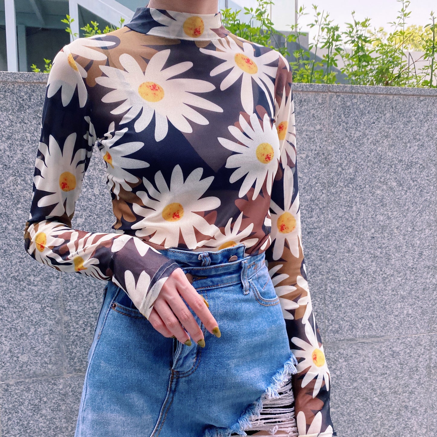 Daisy sunscreen mesh perspective printed long sleeve