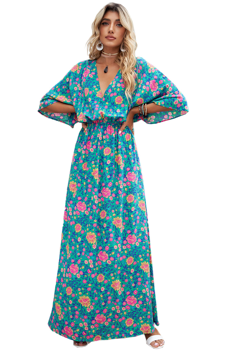 Grünes Boho-Maxikleid mit tiefem V-Ausschnitt und Blumenmuster