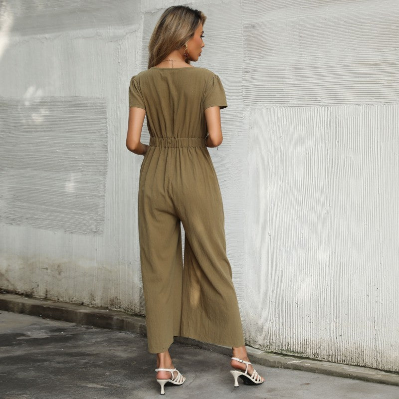 Summer New Hollow Nine-point Cotton And Linen Wide-leg Jumpsuit Women