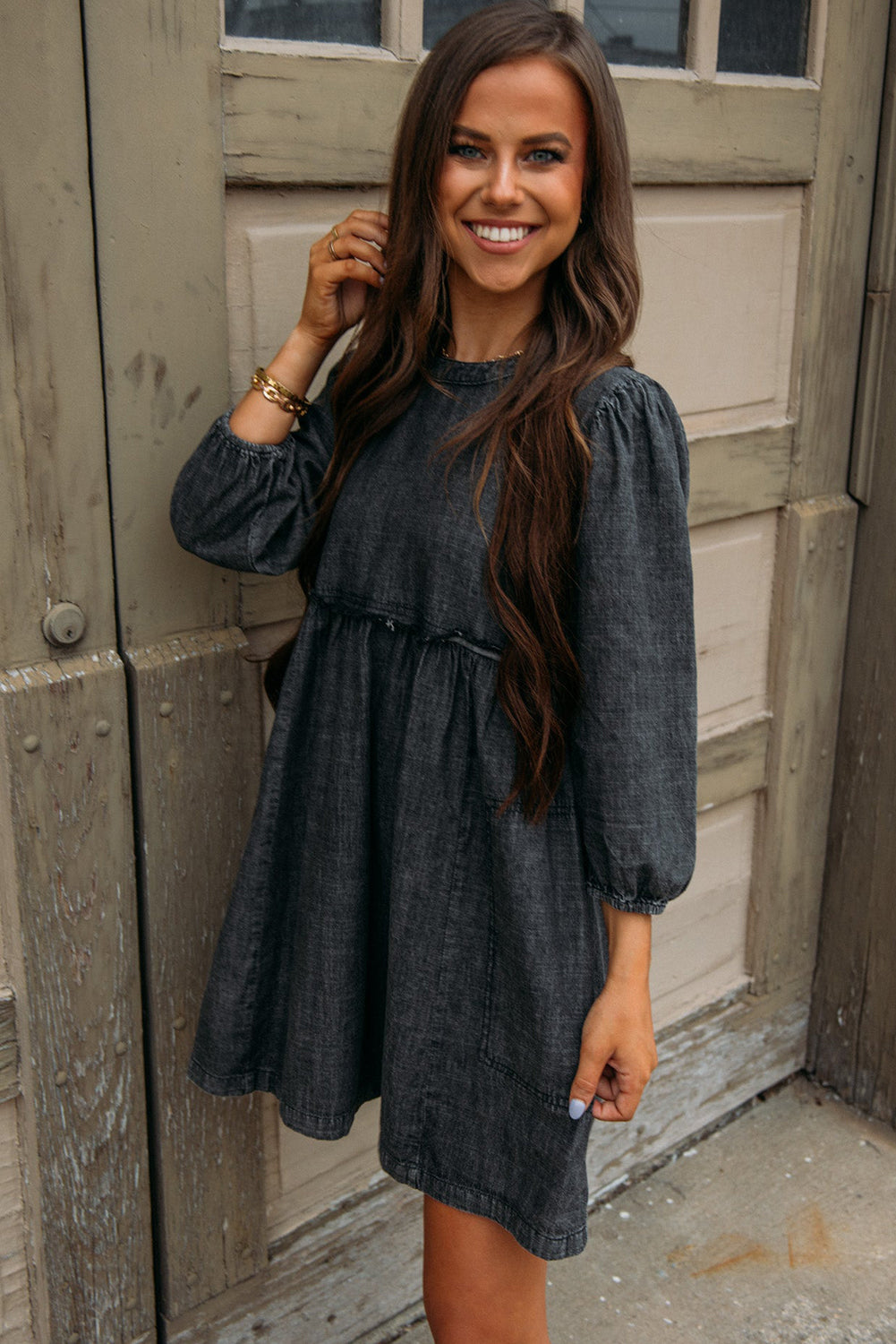 Black Balloon Sleeve High Waist Denim Dress