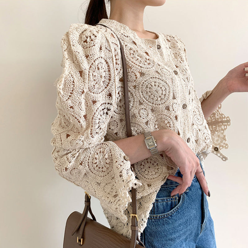 Women's Crocheted Casual Puff Sleeve Sweater