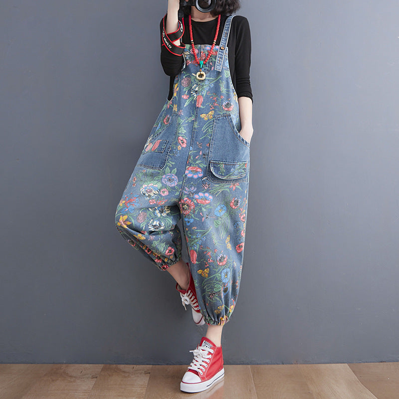 Women's Fashion Denim Printing Suspender Pants Age-reducing Ankle-tied Harem Pants