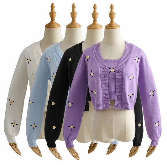 Flower embroidery sweater coat + all-match short vest two-piece women's clothing