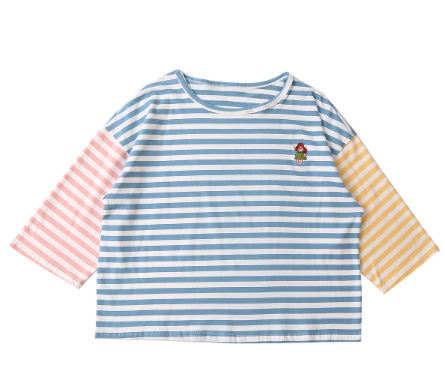 Casual Loose Women Striped T-shirt Spell Color Muppet Embroidery O Neck Three Quarter Sleeve Femme Loose Tshirt Tees Tops Cotton