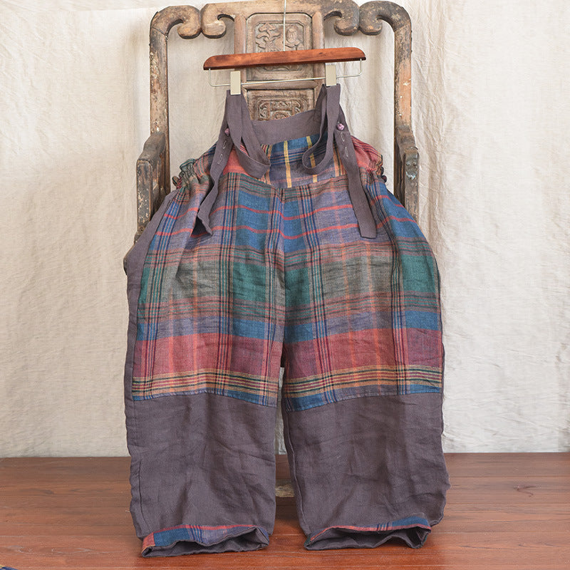 Fashion Patchwork Linen Leisure Suspender Pants