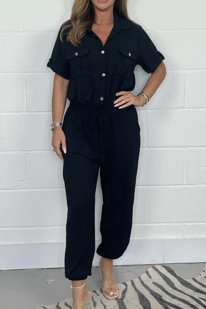 All-Match-Einfarbiger Casual Polokragen Shirt Weites Bein Jumpsuit Für Damen