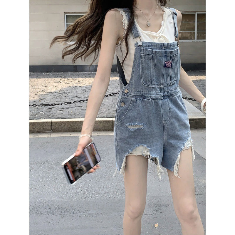 Damen All-Match Denim Overalls Shorts verwaschen zerrissen weites Bein