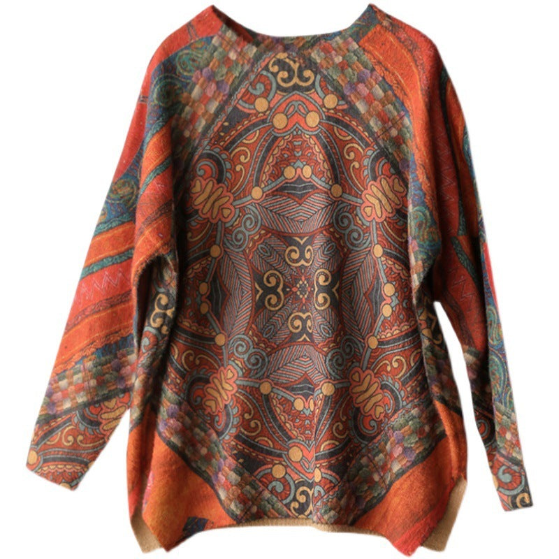 Suéter de cuello redondo de imitación de visón estampado vintage para mujer