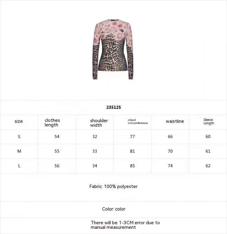 Distressed Rose Leopard Print Ethnic Print Tight Long Sleeve Top