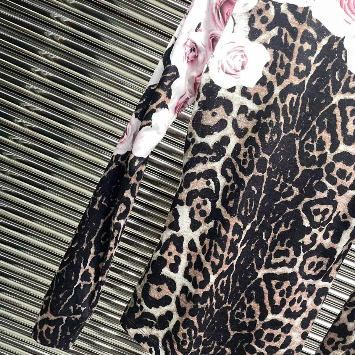 Distressed Rose Leopard Print Ethnic Print Tight Long Sleeve Top