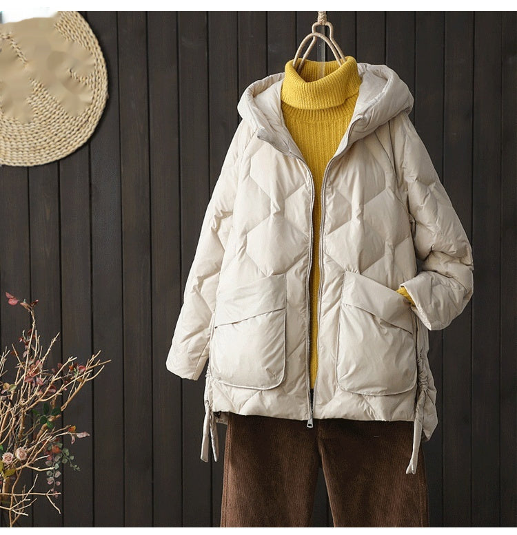 Casual Mid-length Drawstring Cinched Hoodie Down Jacket