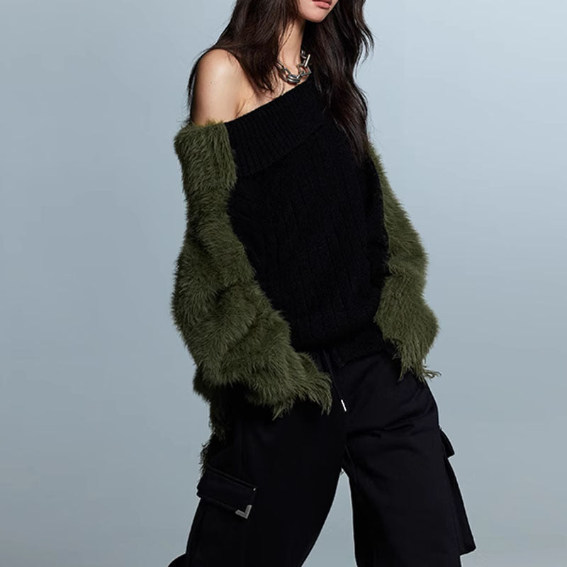 Special-interest Design Black And Green Color Matching Style Damaged Loose Imitation Sea Furry Sweater