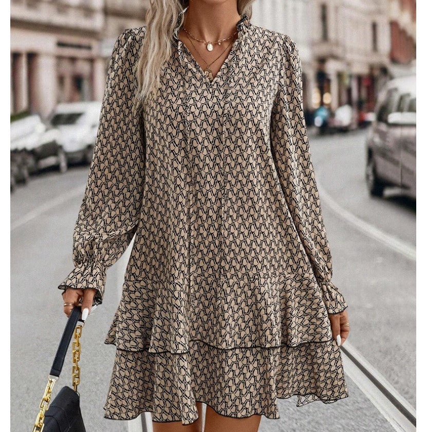 Bohemian Explosion Printed V-neck Lace-up Long Sleeve Dress