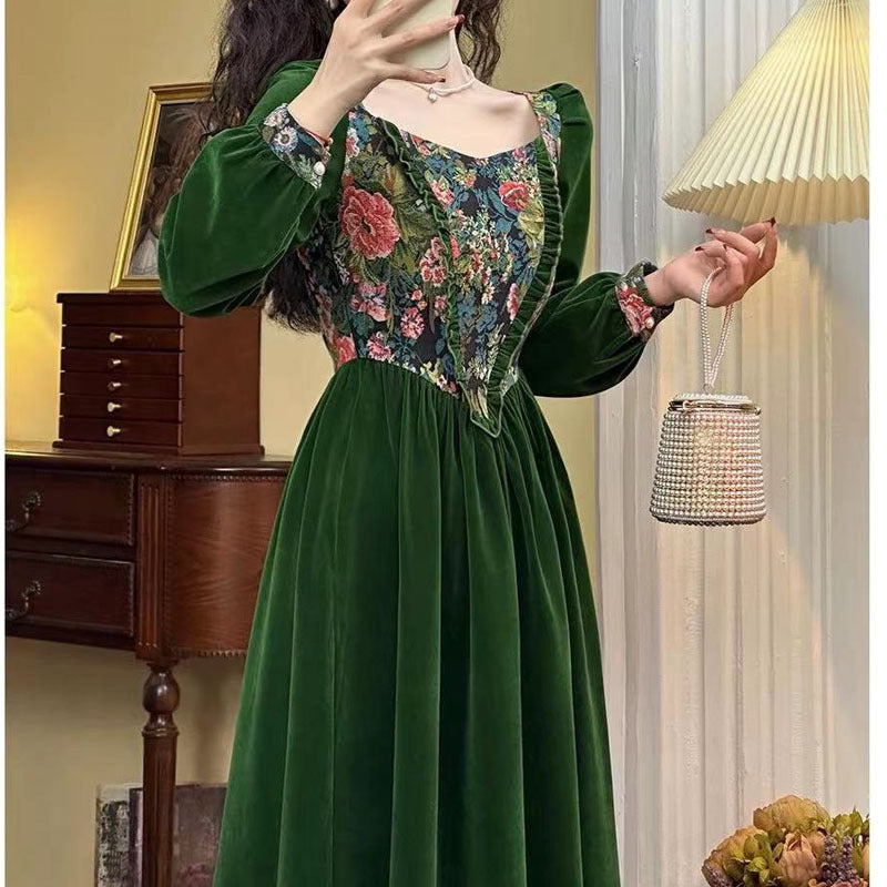 Green Velvet Jacquard Long Sleeve Retro Dress