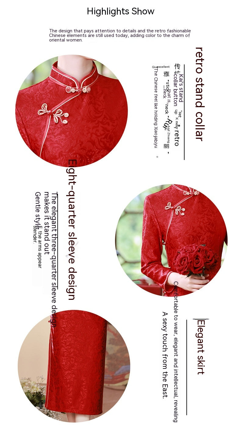 Vestido de novia rojo compuesto de tres Cheongsam largo y ajustado para reunión anual