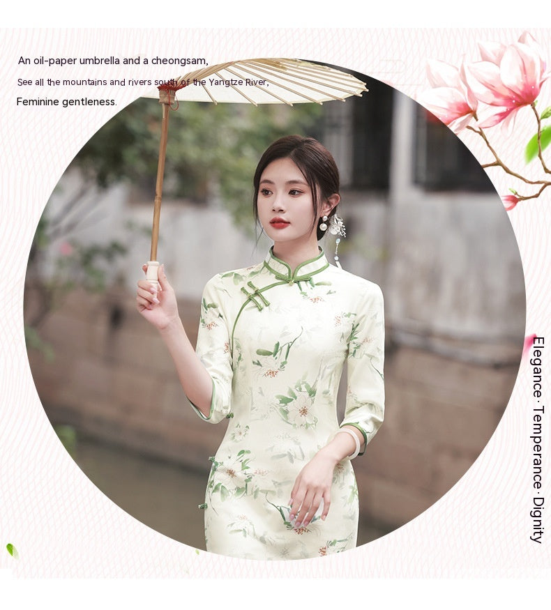 Cheongsam elegante de ante de alta calidad Suzhou, manga tres cuartos, estilo republicano chino Retro