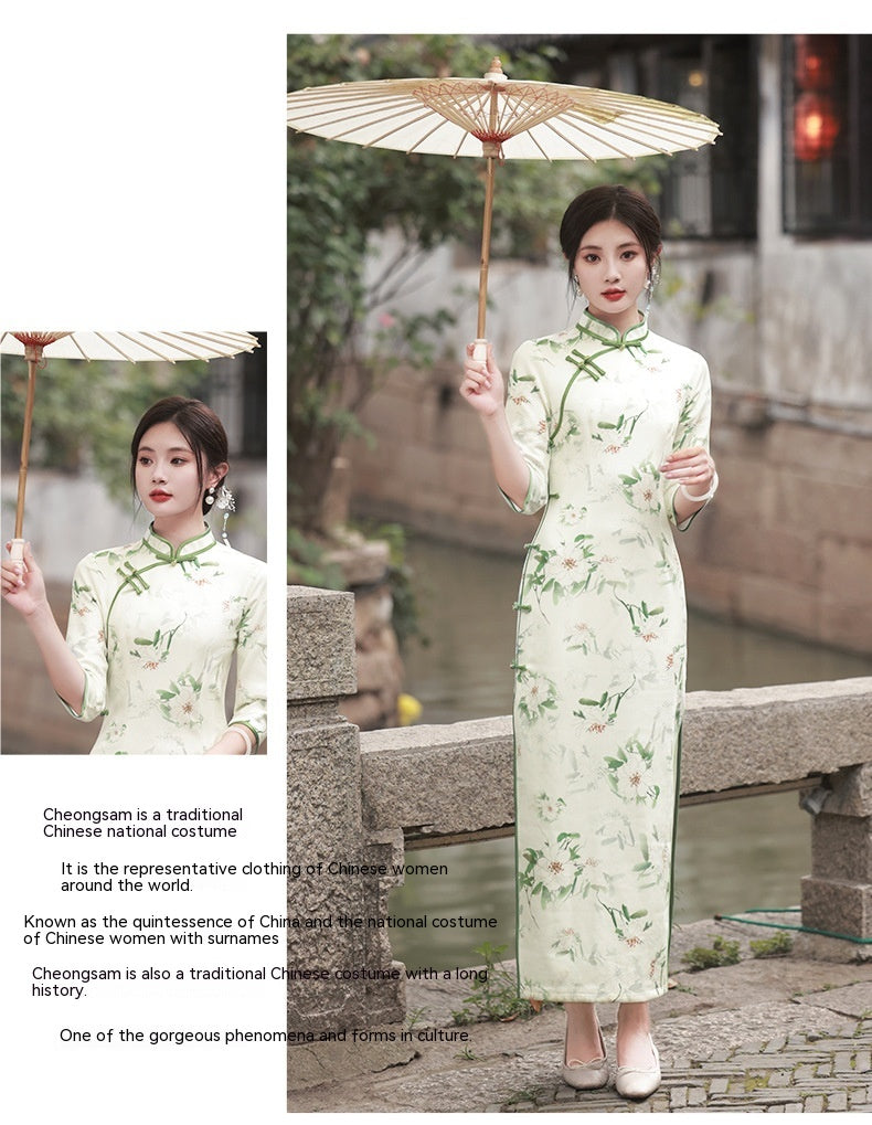 Eleganter Cheongsam aus Suzhou-Retro-Chinese-Republikanischem Stil mit Dreiviertelärmeln aus hochwertigem Wildleder