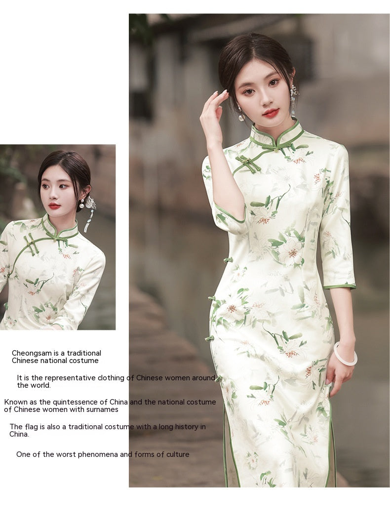 Eleganter Cheongsam aus Suzhou-Retro-Chinese-Republikanischem Stil mit Dreiviertelärmeln aus hochwertigem Wildleder