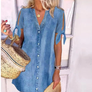 Cardigan-Denim-Kleid mit ausgehöhlten Trägerärmeln