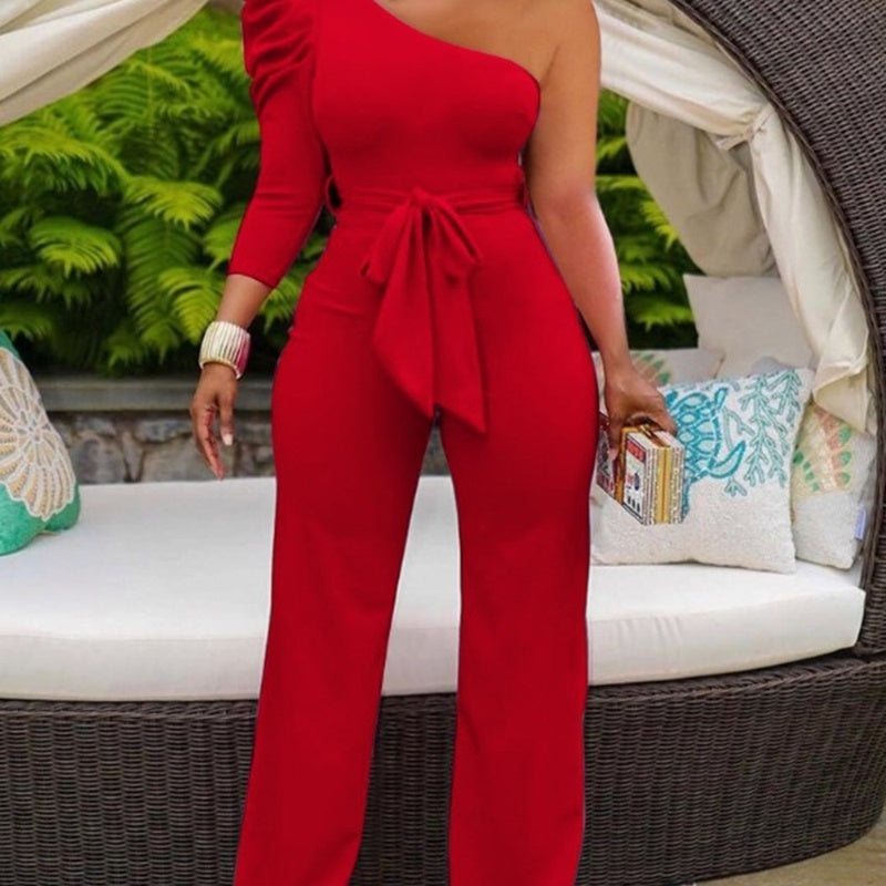 Solid Color Stitching Slant Shoulder Waist One-piece Wide-leg Pants