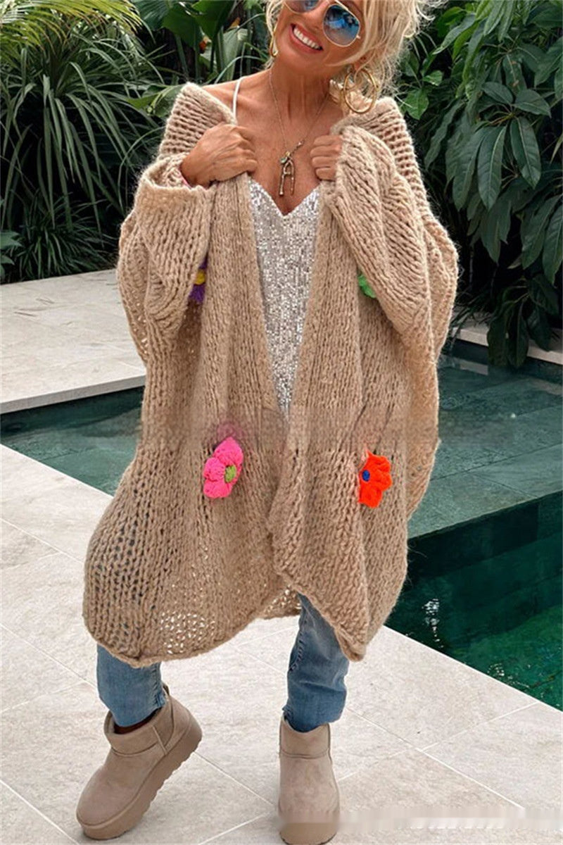 Hand Crocheting Flowers Long Cardigan Jacket Idle Style Casual Loose Women's Sweater