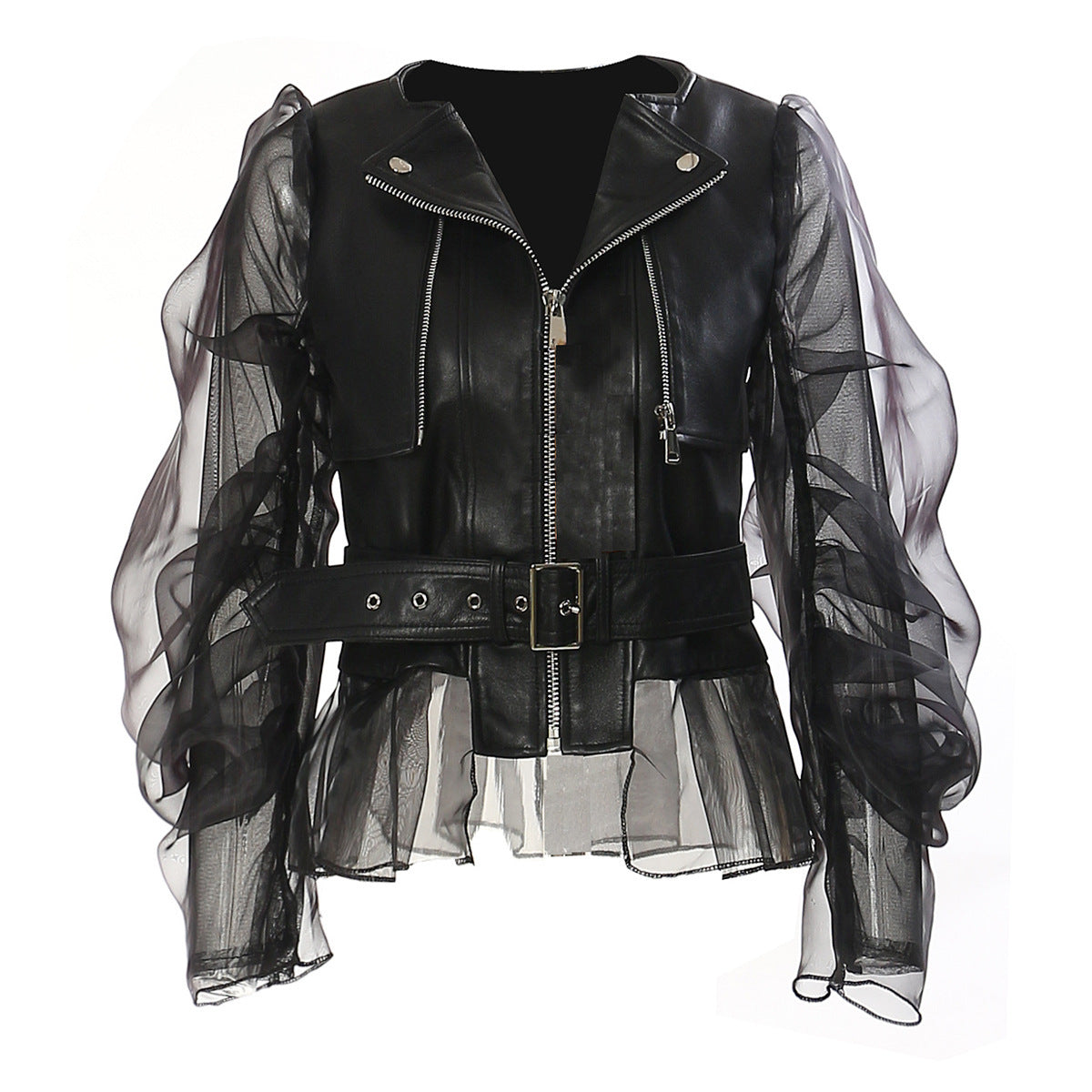 Dominierende Nähte Mesh Transparent Ledermantel Motorradjacke