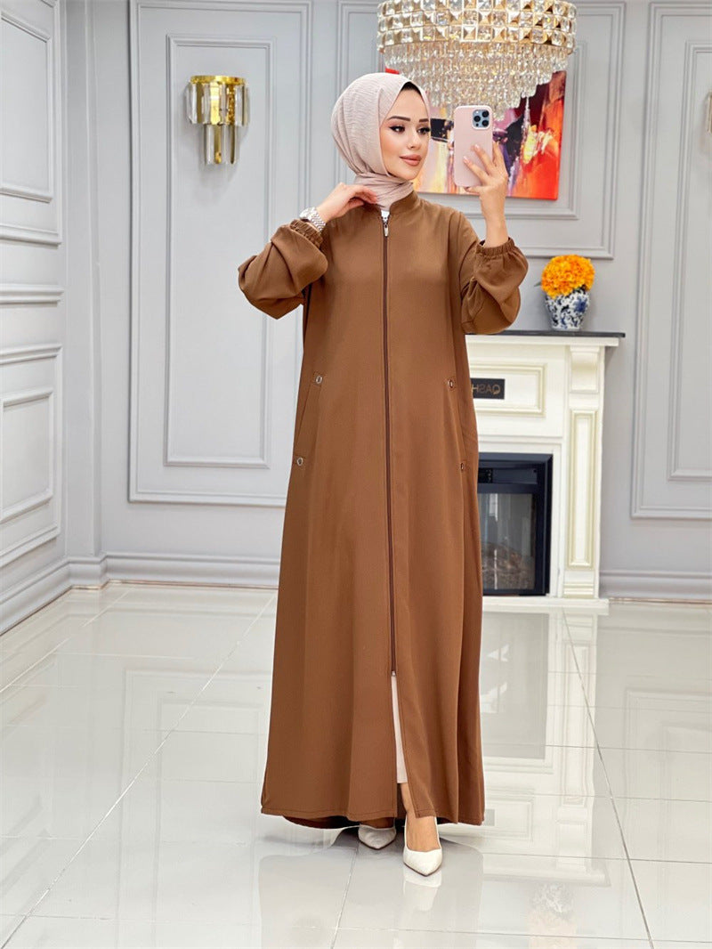 Modisches Damen-Kleid mit Stehkragen und Reißverschlusstasche, lockeres Freizeitkleid