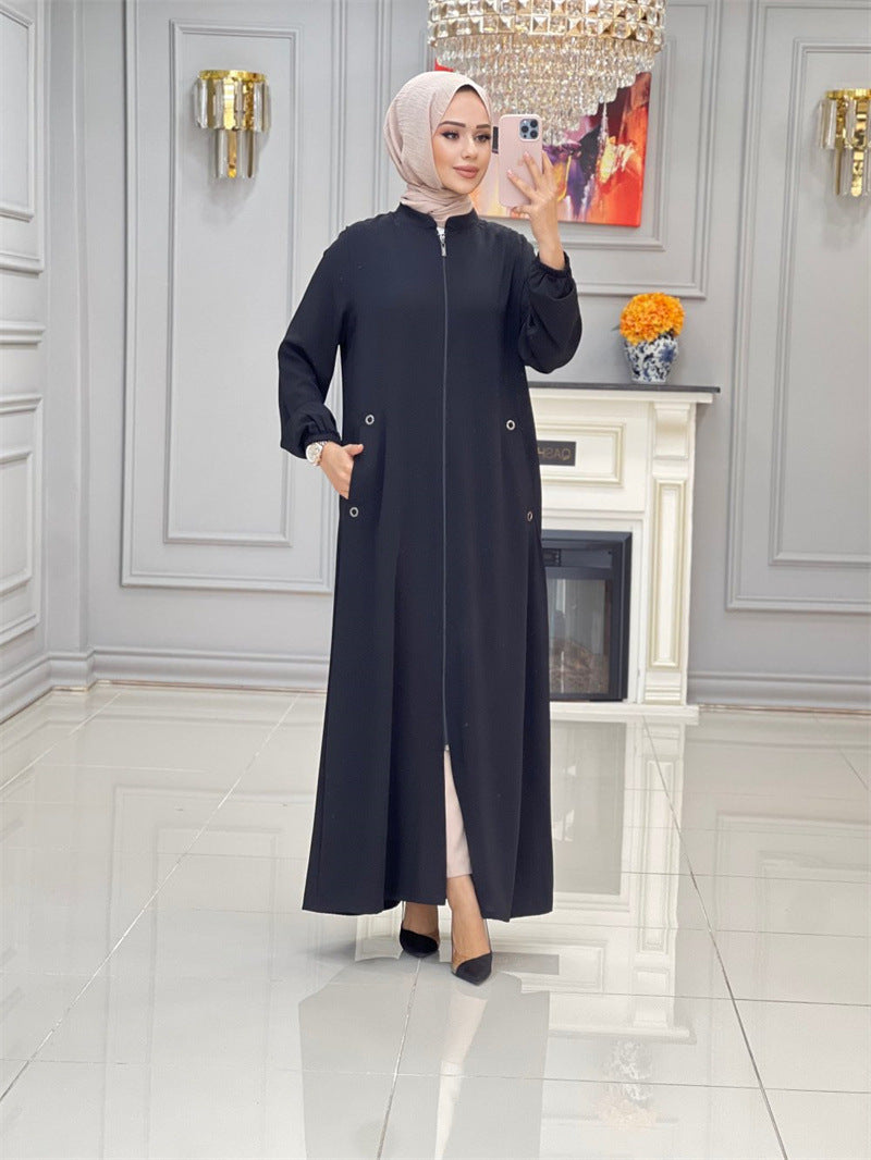 Modisches Damen-Kleid mit Stehkragen und Reißverschlusstasche, lockeres Freizeitkleid