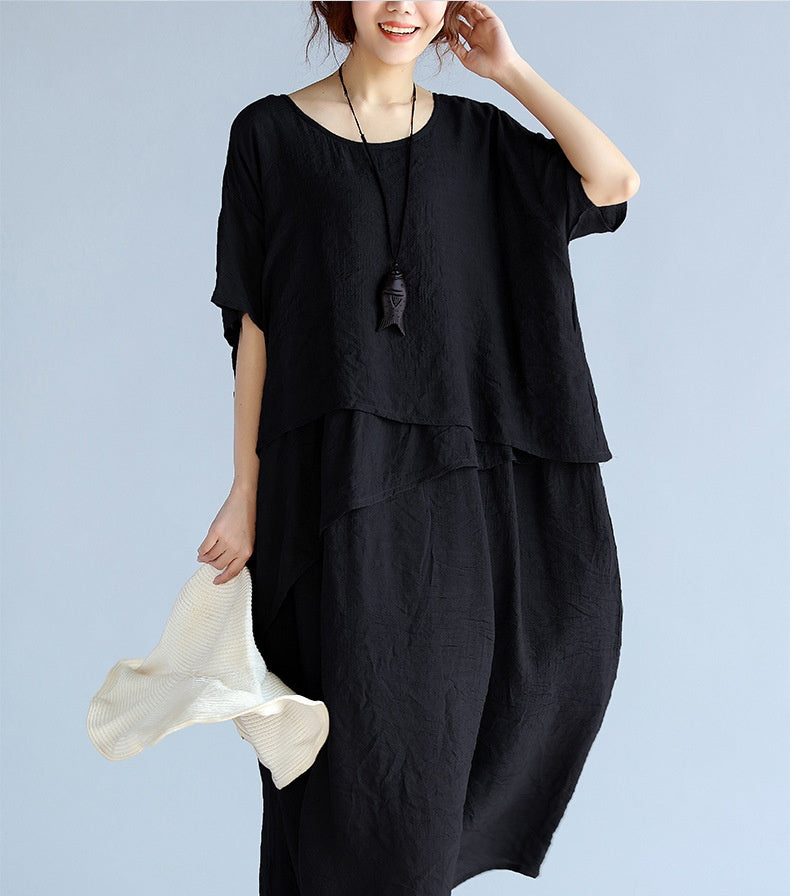 European And American Pure Color Artistic Cotton And Linen Comfortable Irregular Long Dress