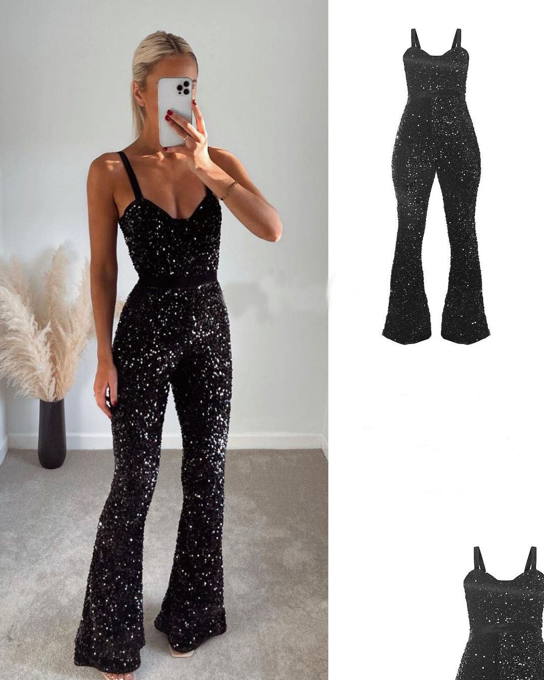 Modischer Damen-Jumpsuit mit Pailletten und Hosenträgern und Nähten an der Hüfte