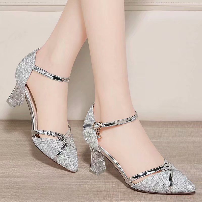 Women's Pointed Leather Sandals Mid-high Heel