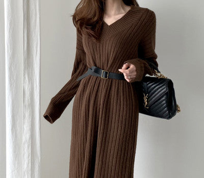 Autumn And Winter Women's Mid-length Over-the-knee Base Sweater Dress