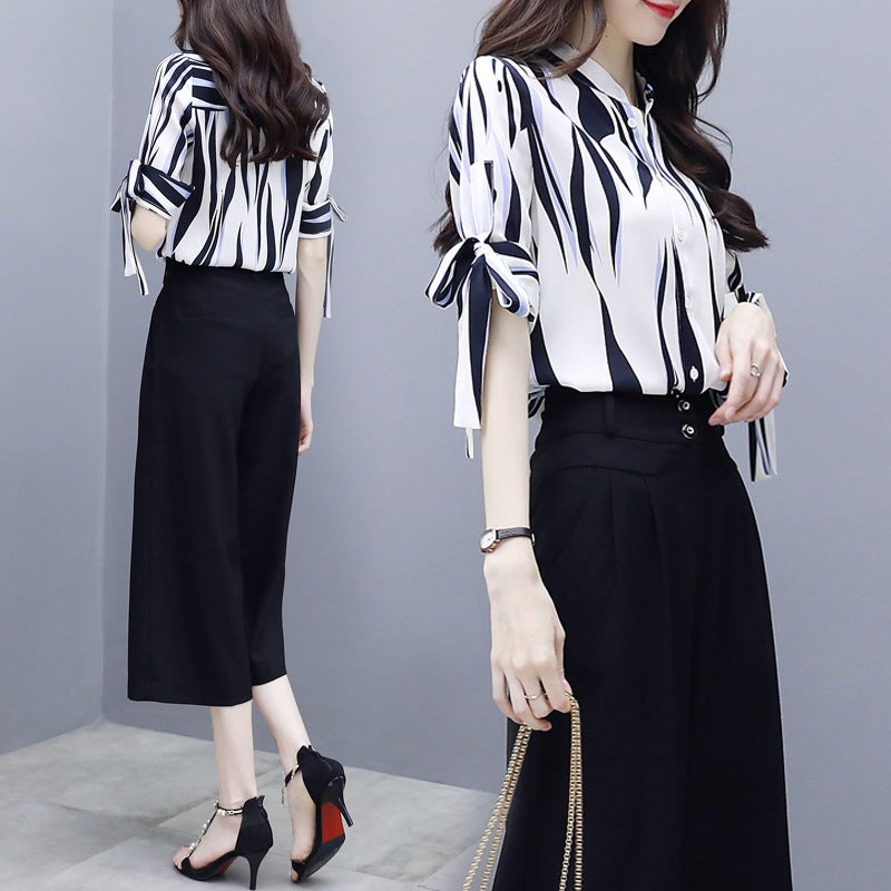 Chiffon shirt plus size thin wide leg pants two-piece suit